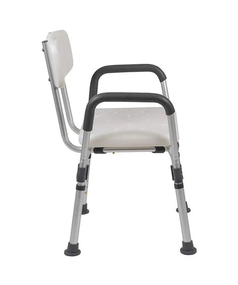 Side view of adjustable white bath and shower chair with depth adjustable back, 300 lb capacity, senior safe shower seat for elderly.