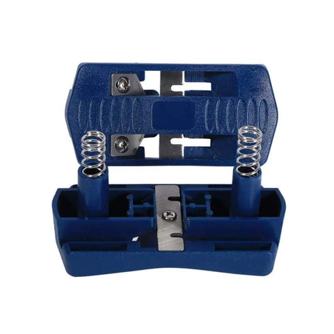 Woodworking trimmer double cutter set, blue plastic case with metal blades and springs