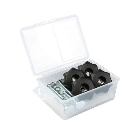 Pro Grade T-Track Knob Kit With Seven Star Knobs And 5/16-18 Bolts in open storage case for woodworking jigs and fixtures