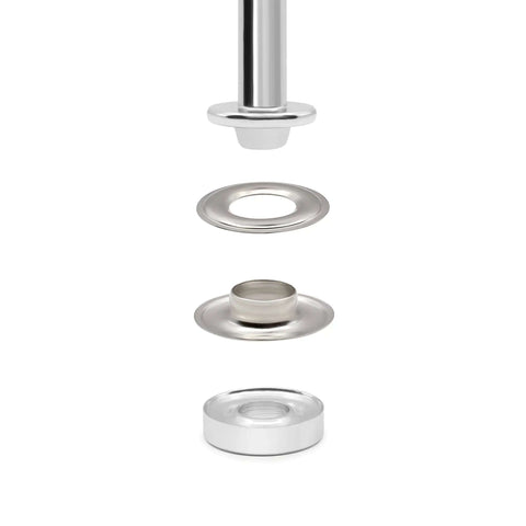 Exploded view of Three Eighths Inch Grommets With Setting Tool Kit, Nickel Finish, 72 Sets showing components.