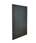Side view of a 24X36 Inch Black Slatwall Panel For Home Garage And Retail Displays With Three Inch On Center Grid And Flexible Merchandising Mounting For Hooks Shelves And Brackets.