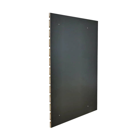 Side view of a 24X36 Inch Black Slatwall Panel For Home Garage And Retail Displays With Three Inch On Center Grid And Flexible Merchandising Mounting For Hooks Shelves And Brackets.