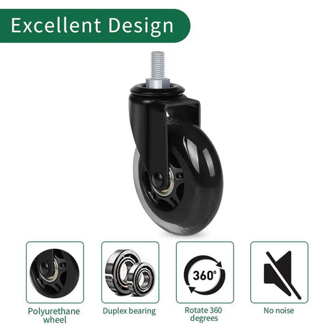 Smooth Operator Heavy Duty 3 Inch Rubber Office Chair Caster Wheels 5/16-18 Thread showing black polyurethane wheel and duplex bearing.
