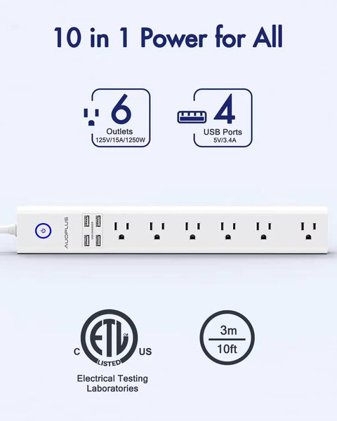 Long 10 Foot Power Strip Surge Protector With Six Outlets And Four USB Ports, Flat Plug, shown with specifications.
