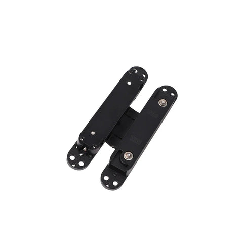 Close-up of Hidden Door Hinges 3D Adjustable Concealed Hinges for Wood and Metal Doors with 180 Degree Swing in black.