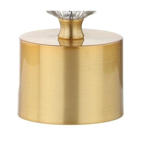 Base detail of Clear And Brass Gold Crystal Table Lamp With Faceted Orb Design, Modern Glam Bedside Lamp With White Linen Drum Shade