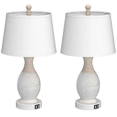 Table Lamps Set Of 2 Bedside Touch Lamps With USB-C And USB-A Charging Ports, white fabric drum shades, retro polyresin base