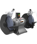 Beefy 12 Inch Industrial Bench Grinder With A Serious 2 HP Motor Spinning At 1800 RPM Powered By 230 Volt Single Phase side view with gray grinding wheels.