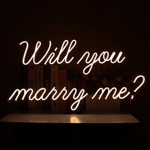 Will You Marry Me Neon Sign For Wedding And Party Decor With Dimmer Switch Warm White LED Neon Light, glowing text on acrylic