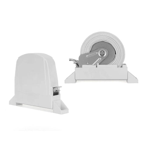 Heavy Duty Screw On Belt Winder For Roller Shutters shown in white plastic with cord neatly wrapped and ready for installation.