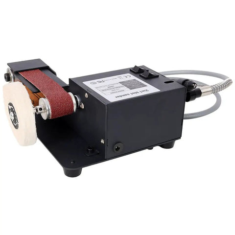 Heavy Duty 2-In-1 Mini Belt Sander With Bench Grinder, 350W Electric Polisher Machine featuring sanding belt and polishing wheel.