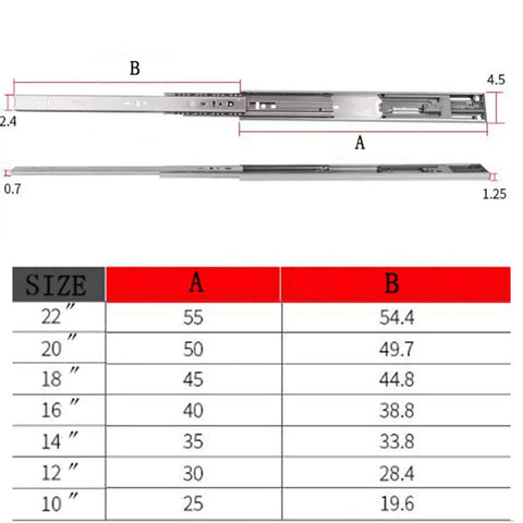 Beefy Full Extension Drawer Slides 3 Fold Soft Close With Ball Bearing Stainless Steel Rails dimensions chart