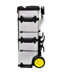 Side view of rolling three part toolbox kit with easy grip handle, mobile organizer on wheels for tools, hardware, and crafts.