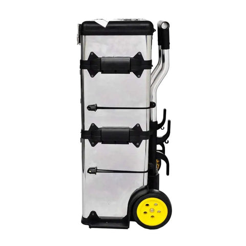 Side view of rolling three part toolbox kit with easy grip handle, mobile organizer on wheels for tools, hardware, and crafts.