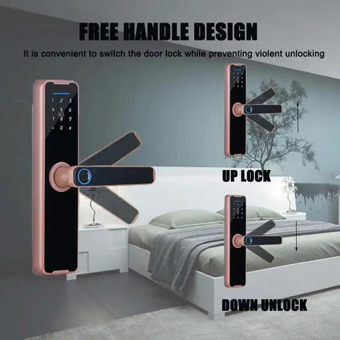 High Tech Fingerprint Electronic Smart Door Lock Keyless Entry Handle with Virtual Password and Remote Control displayed with free handle design.