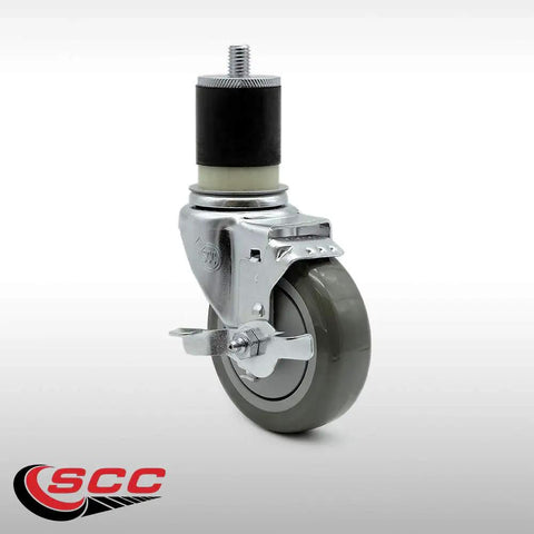 Heavy Duty Polyurethane Swivel Casters With 4 Inch Gray Wheels And Standard Expanding Stems Stainless Steel Rolling Set Of Four Has Top Brakes