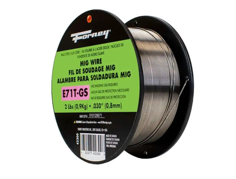 Flux Core MIG Wire For Mild Steel E71TGS 0.030 Inch, 2 Pound Spool, Self Shielded, All Position Welder Wire visible on black spool