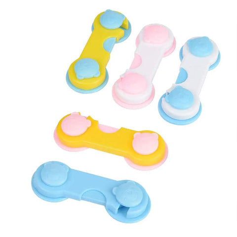 Colorful 5 Pack No Drill Adhesive Cabinet Locks For Kitchen Cabinets, Drawers, And Refrigerator Doors, 3.7 Inch Reach, One Hand Operation, ABS