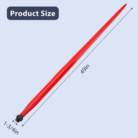 49 Inch Beefy Heavy Duty Hay Spear Bale Spike With 4500 Pounds Capacity And Tapered Tip For Quick Tach Attachments On Tractors Skid Steers And Loaders Built To Handle Large Square Or Round Bales Efficiently shown with dimensions