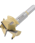 35mm hinge bore bit with gold carbide cutters, 3-flute, 9mm hex shank for woodworking