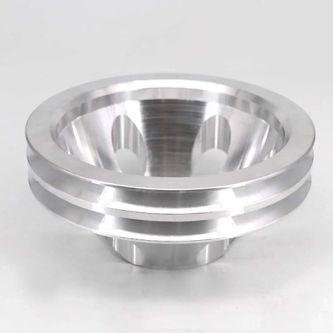 Heavy Duty Aluminum Double Groove Water Pump Pulley For Small Block Chevy 265 283 305 327 350 383 400 With Short Pump Slick Satin Finish Built Tough Zero Play Locktight Bolt On, CNC routed design.