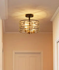 Crystal 3-Light Semi Flush Mount Ceiling Light Fixture With E12 Bases, D12 x H9 Inches, glowing in hallway with crystal sticks shade.