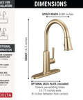 Dimensions of Modern Single Hole Kitchen Faucet With Slick Pull Down Sprayer Brushed Gold Finish, 16.5 inches height, 8.88 inches spout reach.