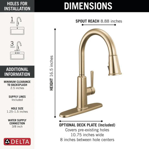 Dimensions of Modern Single Hole Kitchen Faucet With Slick Pull Down Sprayer Brushed Gold Finish, 16.5 inches height, 8.88 inches spout reach.