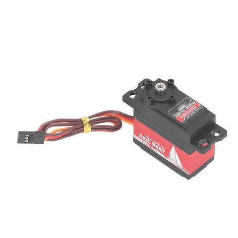 Premium Aluminum Alloy Servo Motor Built Tough Runs Smooth Whisper Low Noise Killer Pull Top Shelf Efficiency For Model Airplanes, side view with connector.
