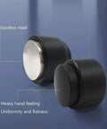 Heavy Duty 304 Stainless Steel Coffee Tamper And Espresso Distributor With Gravity Adaptive Design for precise tamping, showing a black handle.