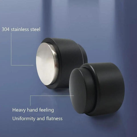 Heavy Duty 304 Stainless Steel Coffee Tamper And Espresso Distributor With Gravity Adaptive Design for precise tamping, showing a black handle.
