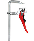 Heavy Duty 20 Inch Lever Clamp With Quick Grab Ratchet Jaw Dead Nuts Cold Drawn Steel Frame Vibration Proof Build side view with red grip handle.