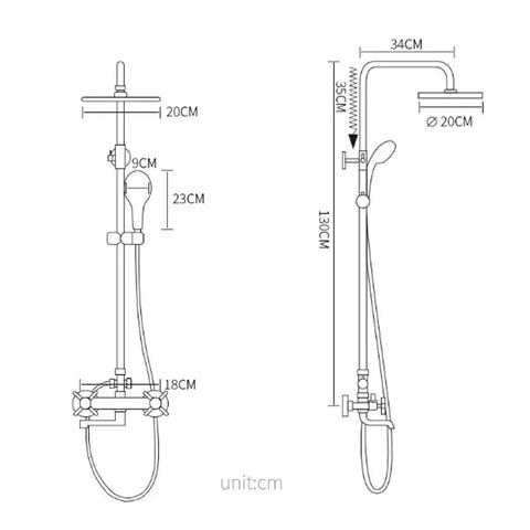 UMJIGF 8 Inches Shower System Brass Chrome Shower Faucet Set Wall Mounted dimensions illustration, showing shower head and handheld setup.