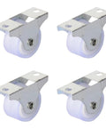 12 Pack One Inch Directional Caster Wheels With Sturdy Flat Plate Base, white rubber wheels on steel plates, ideal for furniture mobility.