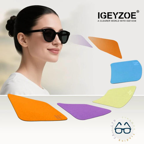 Lote de ocho paños de microfibra para limpiar lentes, pantallas, gafas, cámaras, dispositivos de realidad virtual (VR) y AR junto a paños de colores y una persona con gafas de sol.