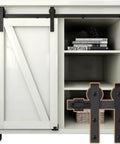 Two And A Half Foot Sliding Barn Door Hardware Kit For Single Door TV Stands And Small Cabinets J Shaped Hanger System With Carbon Steel Track Frosted Black Finish Stainless Steel Wheel Bearings And Nylon Rollers For Quiet Smooth Operation No Cabinet installed on white cabinet