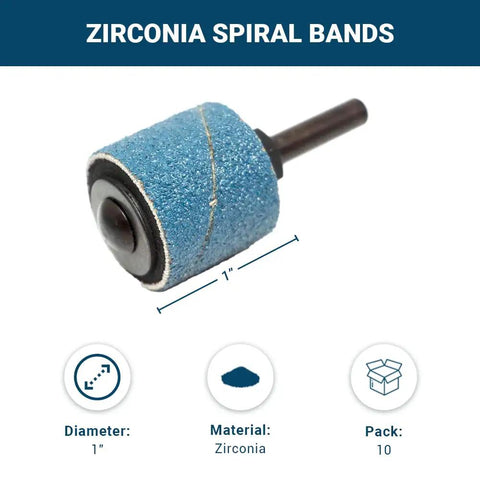 Hardcore 1X1 Inch Zirconia Spiral Sanding Bands Rotary Sander Attachment For Drill And Die Grinder Rust Removal Metal Wood Polish Knockout Finish 10 Pack 36 Grit close-up of spiral sanding band