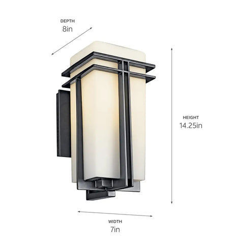 Black Outdoor Wall Light With Satin Etched Opal Glass 1 Light Exterior Sconce, 14.25"H x 7"W, modern arts and crafts style.