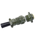 Side view of MS3108 military circular connector assembly with olive-green housing, knurled rings, and gold-plated pins