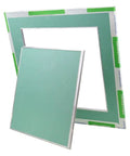 Slick Build Invisible Access Panel For Drywall Ceilings Featuring Rugged Aluminum Frame and Easy Peel Split Cover with a green panel.