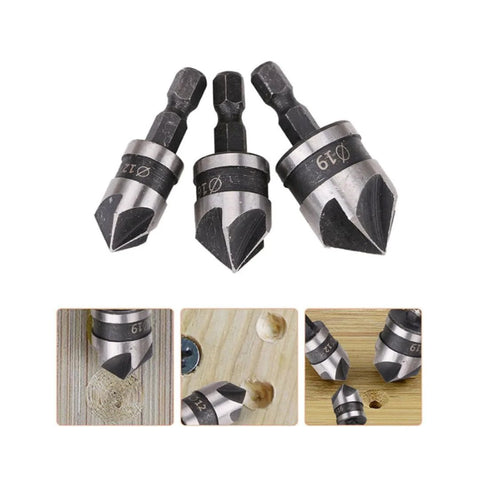 SOCOJE 3-piece countersink drill bit set, 1/4 in hex shank, 5-flute, 90-degree countersink, 12/16/19mm for wood and metal