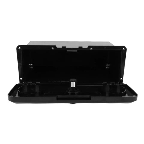 Black plastic marine glove box with lid open; lockable boat console with built-in cup holders