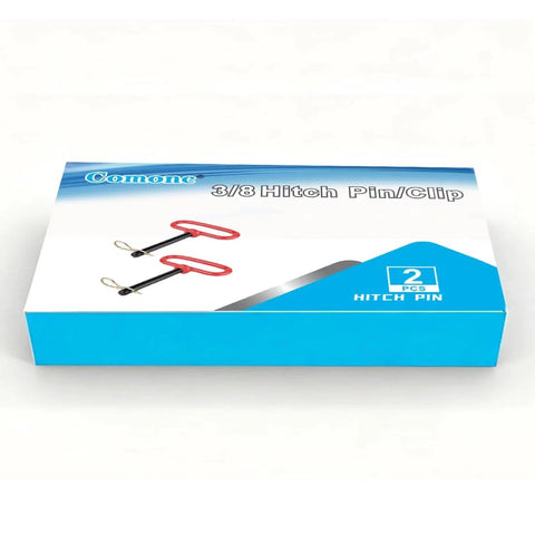 Box of two Three Eighths Inch Trailer Hitch Pin And Clip With Red Handle, Beefed Up Four Inch Length, for Trailers and Tractors.