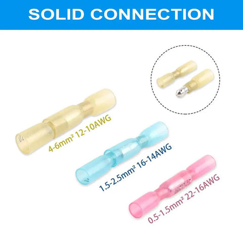 Heat Shrink Bullet Connectors Kit, 100 Pcs Male And Female Electrical Bullet Terminals, Waterproof Marine Grade Butt Connectors for Watercraft, Electronics And Auto Use AWG 22-18 displayed in different sizes