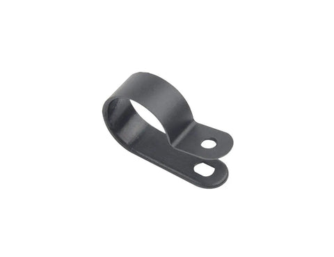 Close-up of a single 3/4 inch black nylon cable clip from the 100 Pack 3/4 Inch Nylon Cable Clips R Type Kit Black Wire Clamps Fasteners For Cable Management And Wire Mounting Great For Auto Home Theater And Workshop Projects.