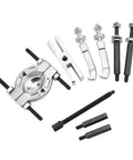 Real Deal 9 Piece Bearing Separator And Puller Tool Kit For Car Repair Shops Durable Heavy Duty Removal Gear With Sweet Red Storage Case Organizer Box For Garage Legends Or Pro Mechanics In The Game. 9-piece steel bearing puller set on white background