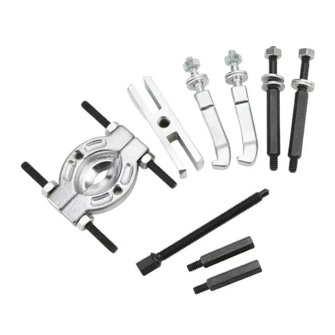 Real Deal 9 Piece Bearing Separator And Puller Tool Kit For Car Repair Shops Durable Heavy Duty Removal Gear With Sweet Red Storage Case Organizer Box For Garage Legends Or Pro Mechanics In The Game. 9-piece steel bearing puller set on white background
