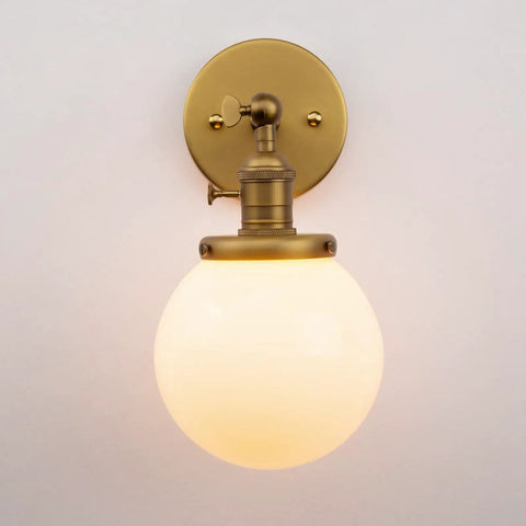 Vintage Wall Sconce Lighting Fixture With 5.9-Inch Round Milk White Hand Blown Glass Globe Shade Hardwired Mount Antique Brass Finish
