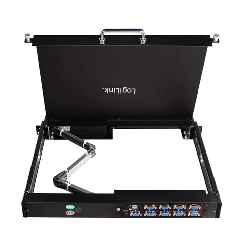 Top Shelf 17 Inch HD LCD KVM Console With 8 Port Switch, VGA USB And PS2 Ports, Integrated Keyboard And Mouse, open view.