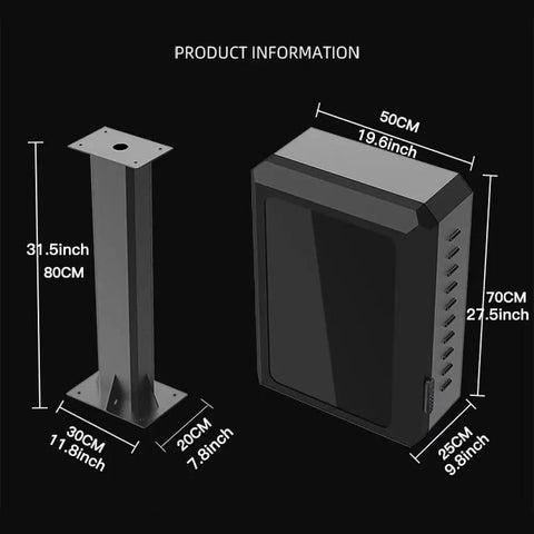 Heavy Duty Weatherproof EV Charger Lock Box With Key showing dimensions with a black steel frame and mounting post for outdoor use.